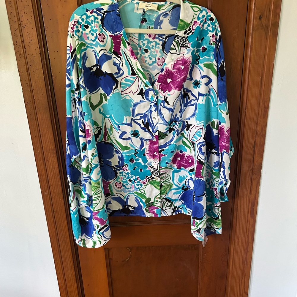 Entro Blue Relaxed Wrap Blouse with Long Sleeves